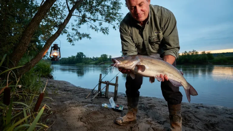 Angler holding a channel catfish beside a river bank at dusk