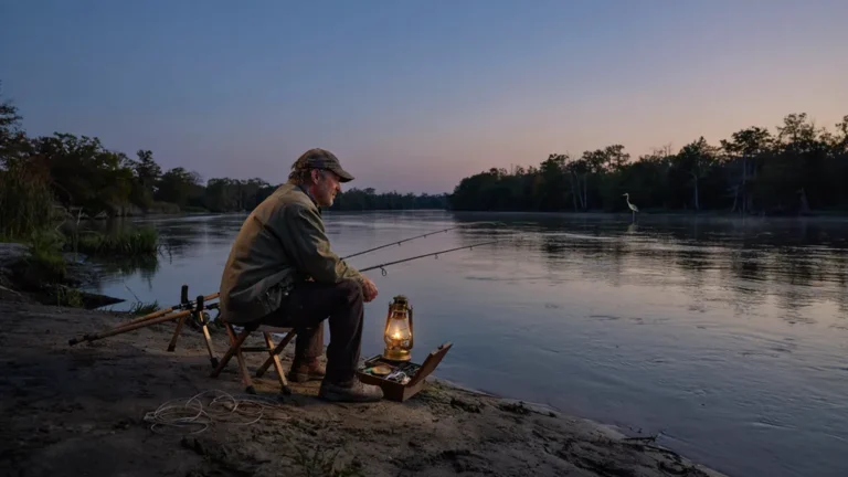 A catfish angler on a riverbank at dusk with rods and a lantern
