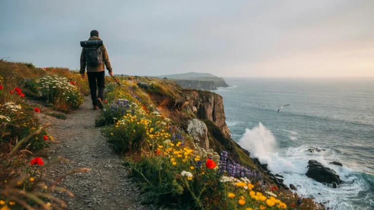 Coastal hiking trail along ocean cliffs with wildflowers