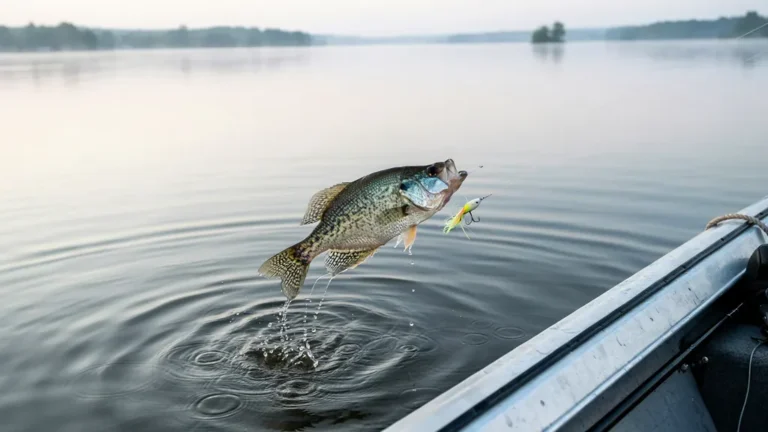 Crappie being lifted from the water beside a small jig