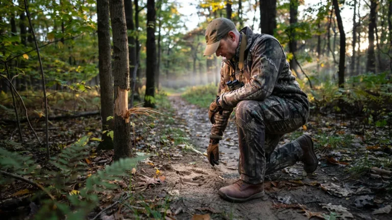 Hunter examining deer tracks and a rub while scouting