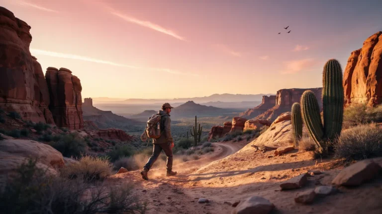 Hiker on a desert trail among red sandstone and saguaro