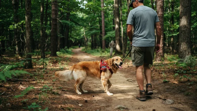 Golden retriever wearing a dog backpack hiking with its owner