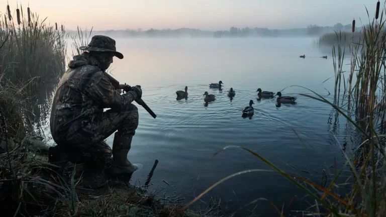 A duck hunter in a misty marsh at dawn with decoys