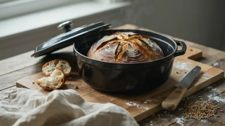 Round crusty artisan bread loaf with golden crust in a cast iron Dutch oven