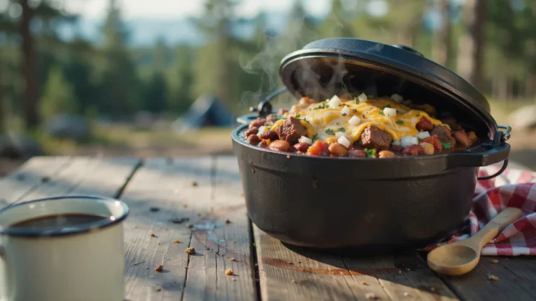 Cast iron Dutch oven full of beef and bean chili topped with cheddar and onion