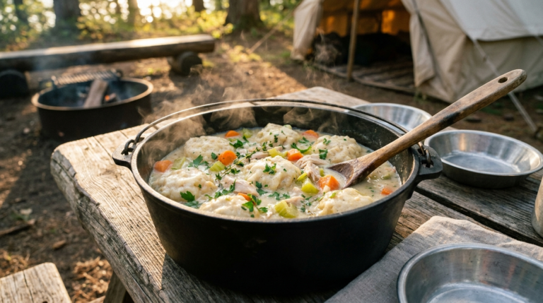 Dutch oven chicken and dumplings cooked in a cast iron Dutch oven at a campsite