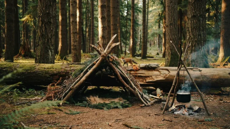 Lean-to debris shelter built from branches and pine boughs
