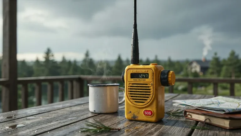 Hand-crank emergency weather radio with antenna extended