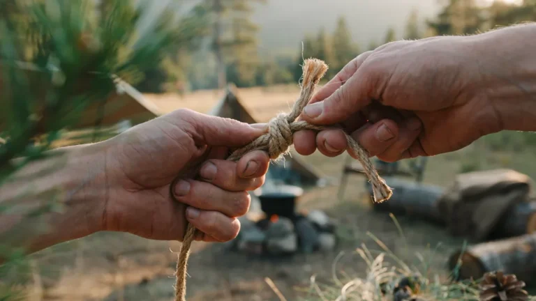 Hands tying a knot in rope at a campsite