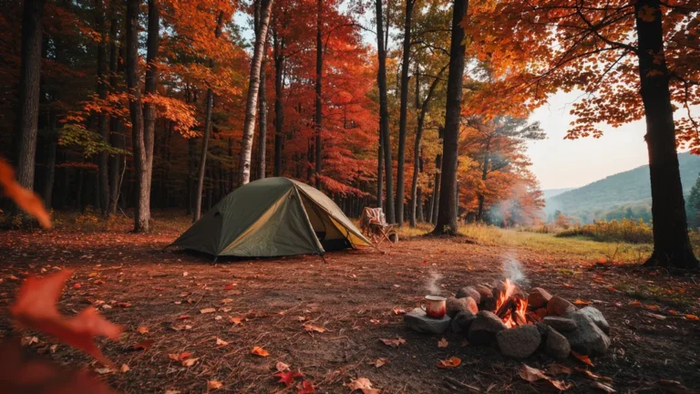 Campsite surrounded by brilliant autumn foliage on a crisp morning