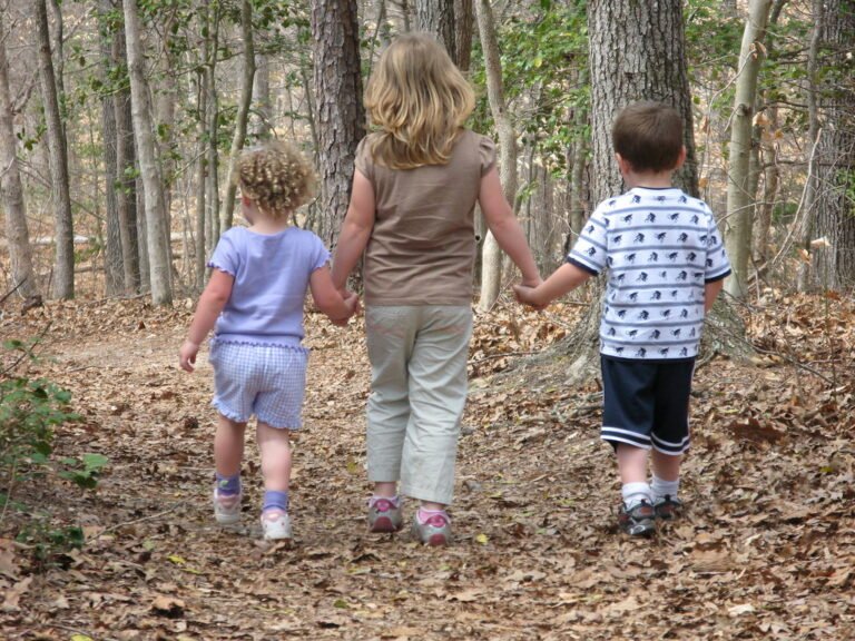 A family hiking a trail together