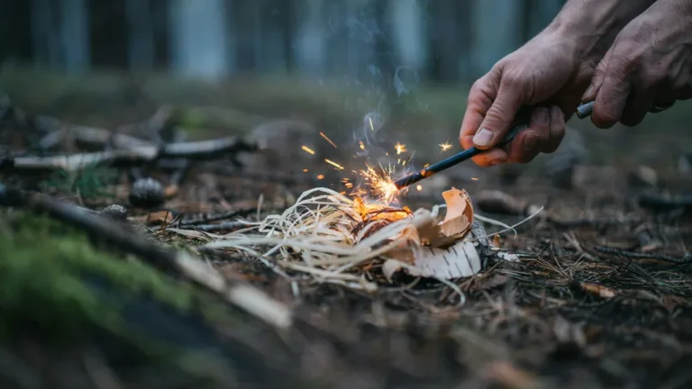 Hands striking a ferro rod sending sparks onto a tinder bundle