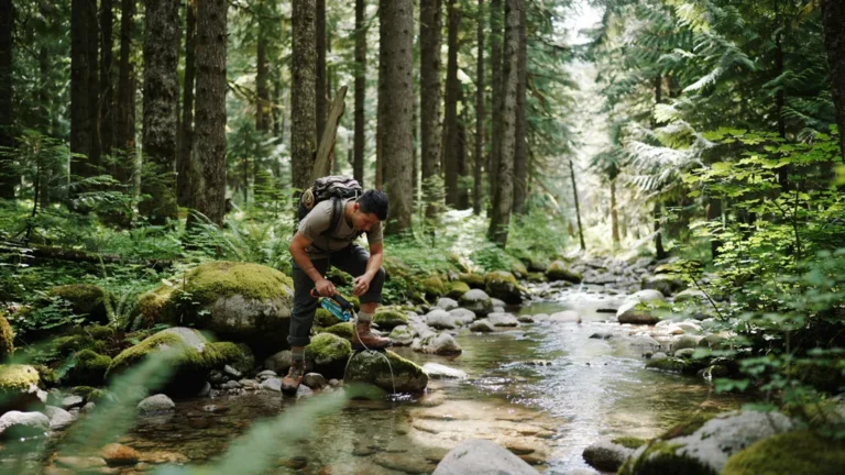 A backpacker filtering water from a clear mountain stream
