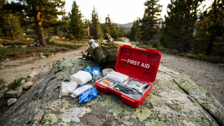 Open outdoor first aid kit laid out beside a hiking trail