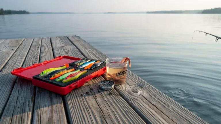 Fishing bait and lures in a tackle tray on a lakeside dock