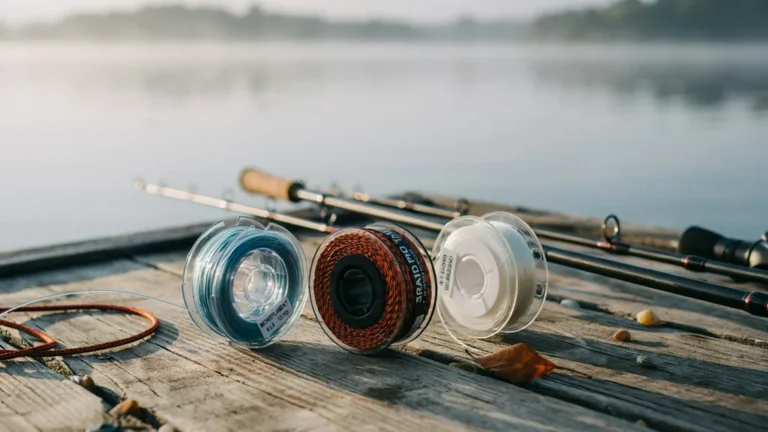 Spools of monofilament, braided, and fluorocarbon fishing line on a dock