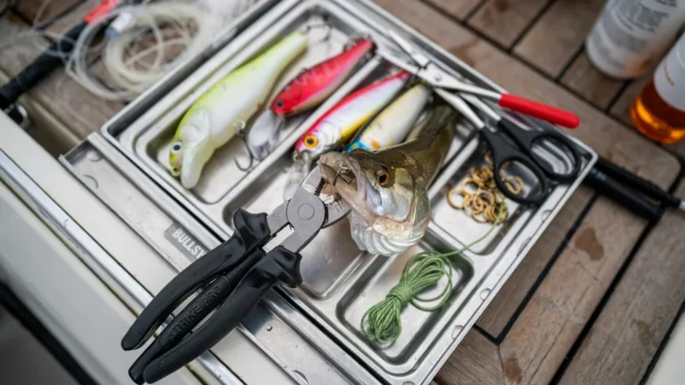 Fishing pliers removing a hook beside a tackle tray