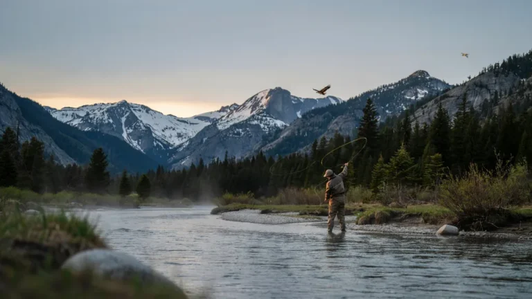 A fly angler casting on a scenic mountain river