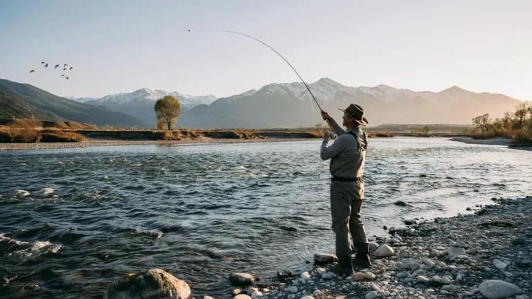Fly fisherman casting on a wide river at golden hour