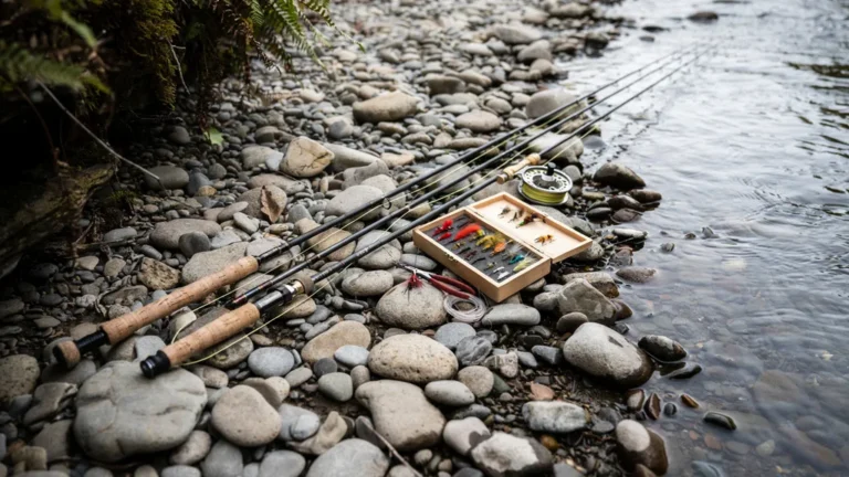 Fly rod, reel, and fly box laid out on river stones