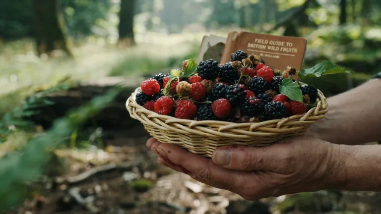 Basket of foraged wild berries with a field guide at a forest edge