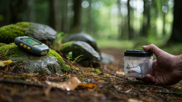 A hand holding a geocache container found among mossy rocks