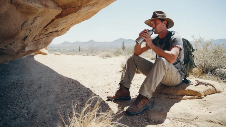 Hiker resting in shade drinking water on a hot desert trail
