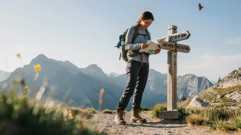 A hiker checking a map at a mountain trail signpost