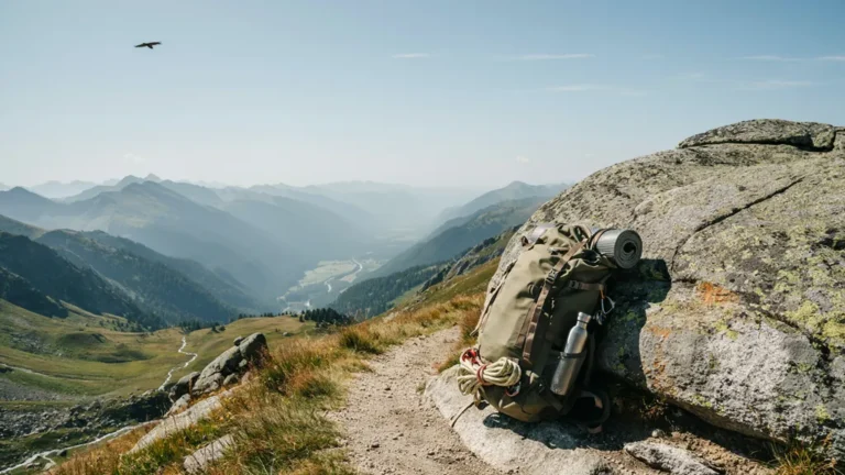 A hiking backpack leaning against a rock on a mountain trail