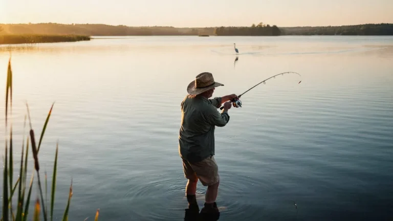Angler casting a baitcasting reel on a lake