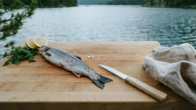 Fresh fish on a cutting board with a fillet knife