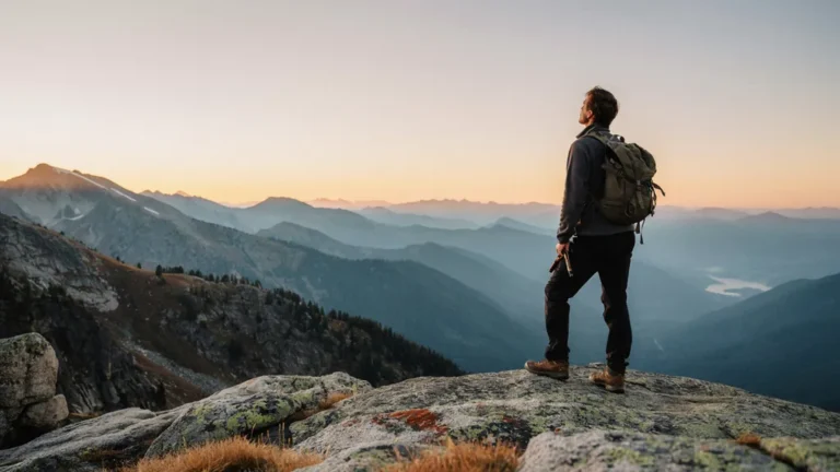 Hiker on a ridge at sunrise reading the landscape