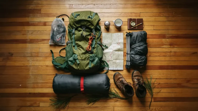 Backpacking gear laid out for trip planning