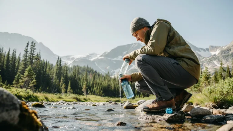 Hiker filtering water from a mountain stream