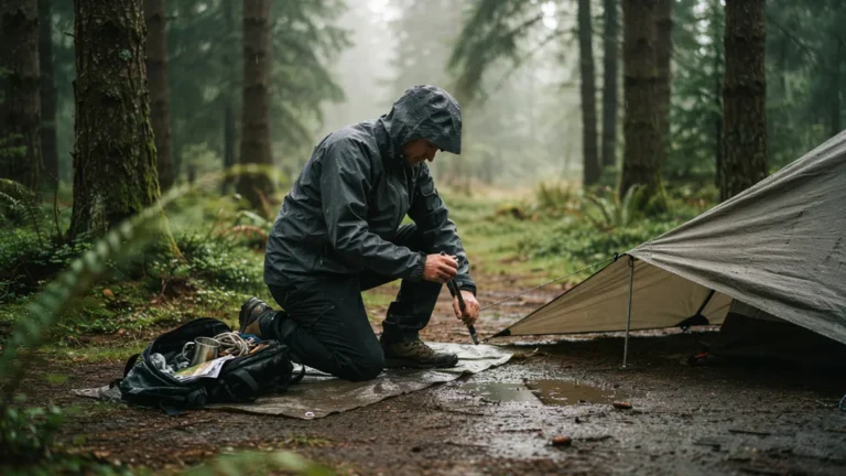 Camper setting up a tent in light rain