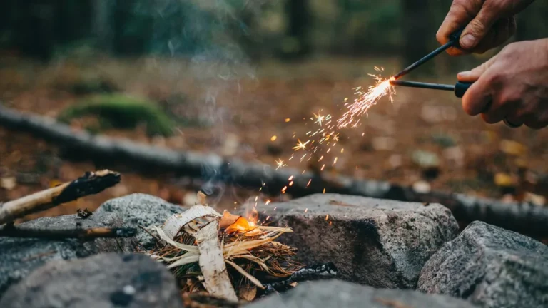 Sparks from a ferro rod landing on tinder