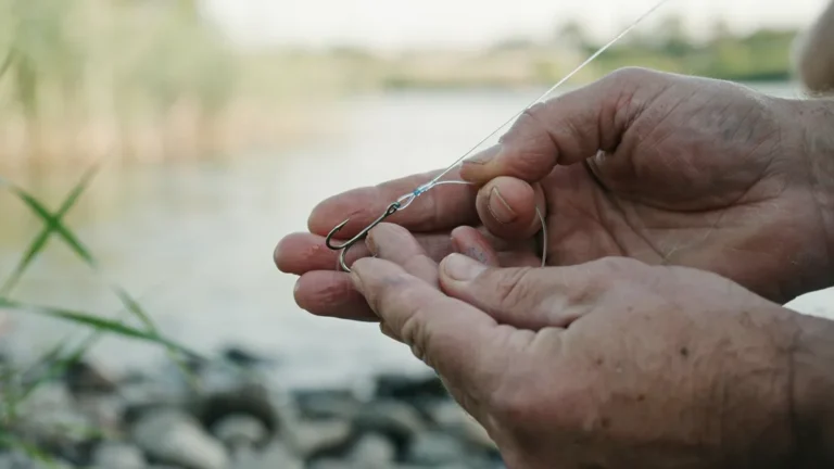 Hands tying a fishing knot on line to a hook