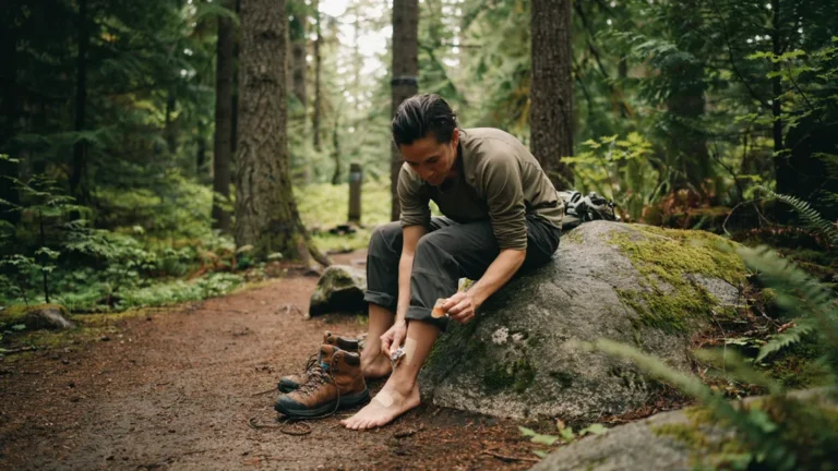 Hiker applying blister tape to a foot on the trail