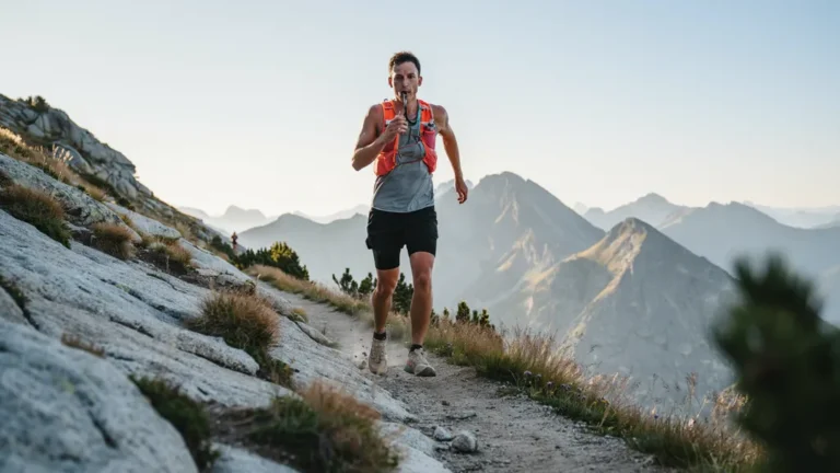 Hiker drinking from a hydration pack hose on a ridgeline trail