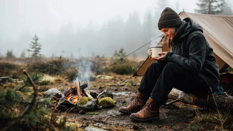 Camper bundled up with a hot drink on a cold morning
