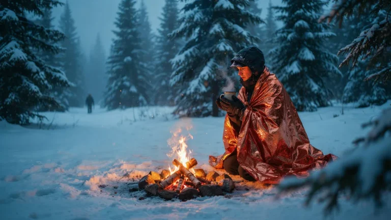 Hiker wrapped in an emergency blanket warming by a fire in snow