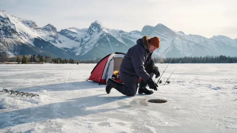 An ice fisherman by an auger hole on a frozen lake