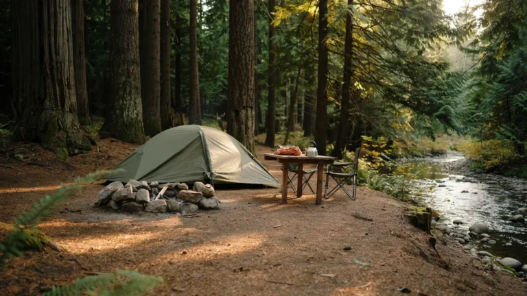 Tent pitched on flat ground in an ideal forest campsite