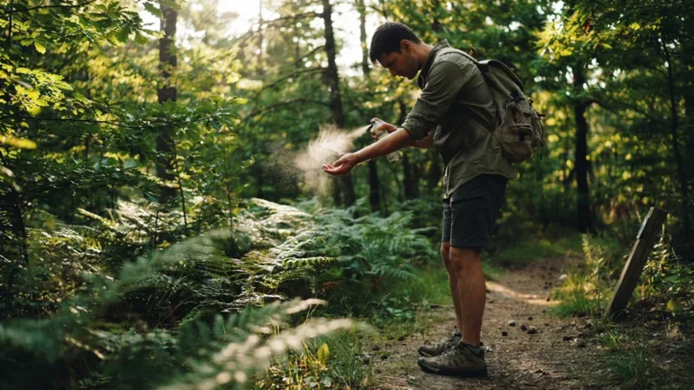 Hiker applying insect repellent on a summer forest trail