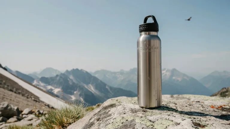 Insulated steel water bottle with condensation beside a mountain trail