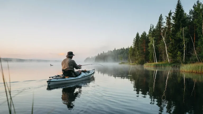 An angler fishing from a kayak on a calm lake at sunrise