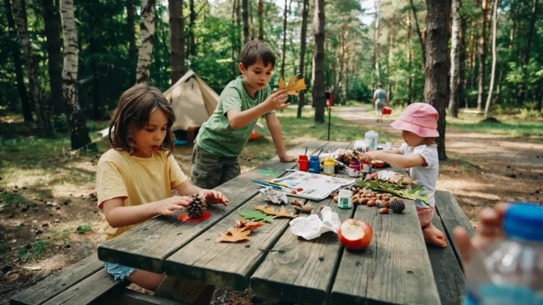 Children making nature crafts at a campground picnic table