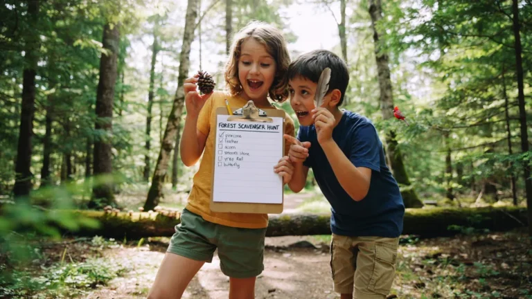 Kids checking a scavenger hunt list holding a pinecone and feather