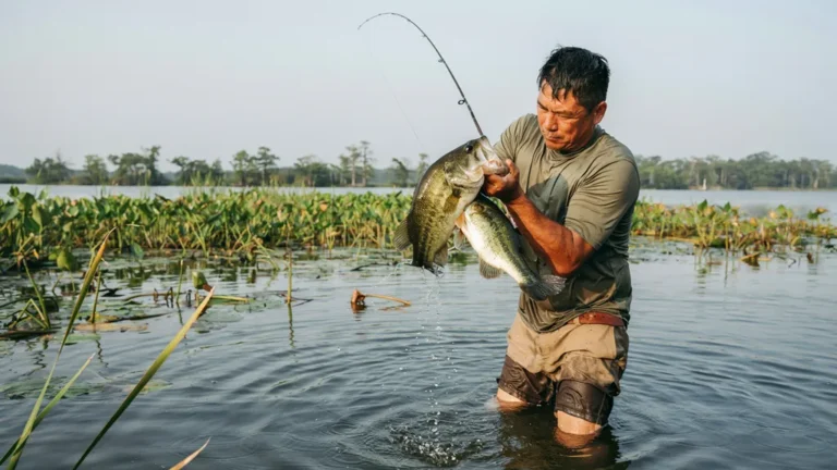 Angler holding a largemouth bass beside a weedy shoreline